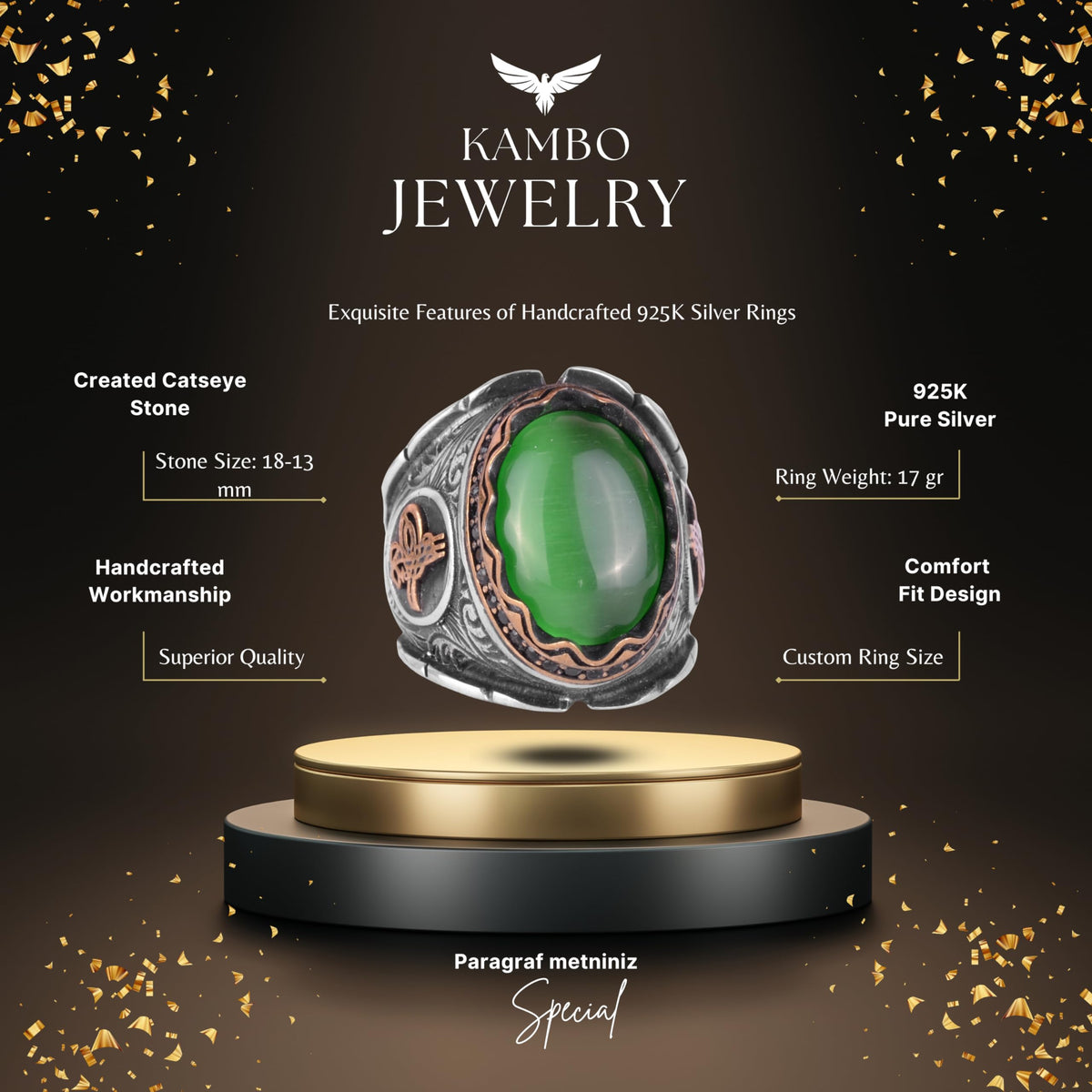 Green Cat's Eye Stone Ottoman Tugra Silver Ring — 2