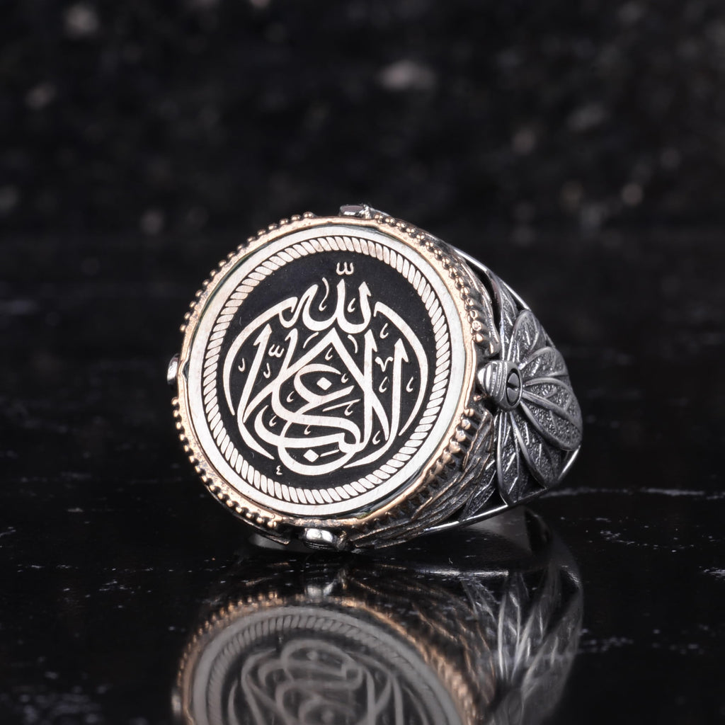 KAMBO Allah Written Arabic Calligraphy Men's Ring - 925 Sterling Silver, Bronze Detailed Oval Seal Ring, Handmade Islamic Jewelry — 5