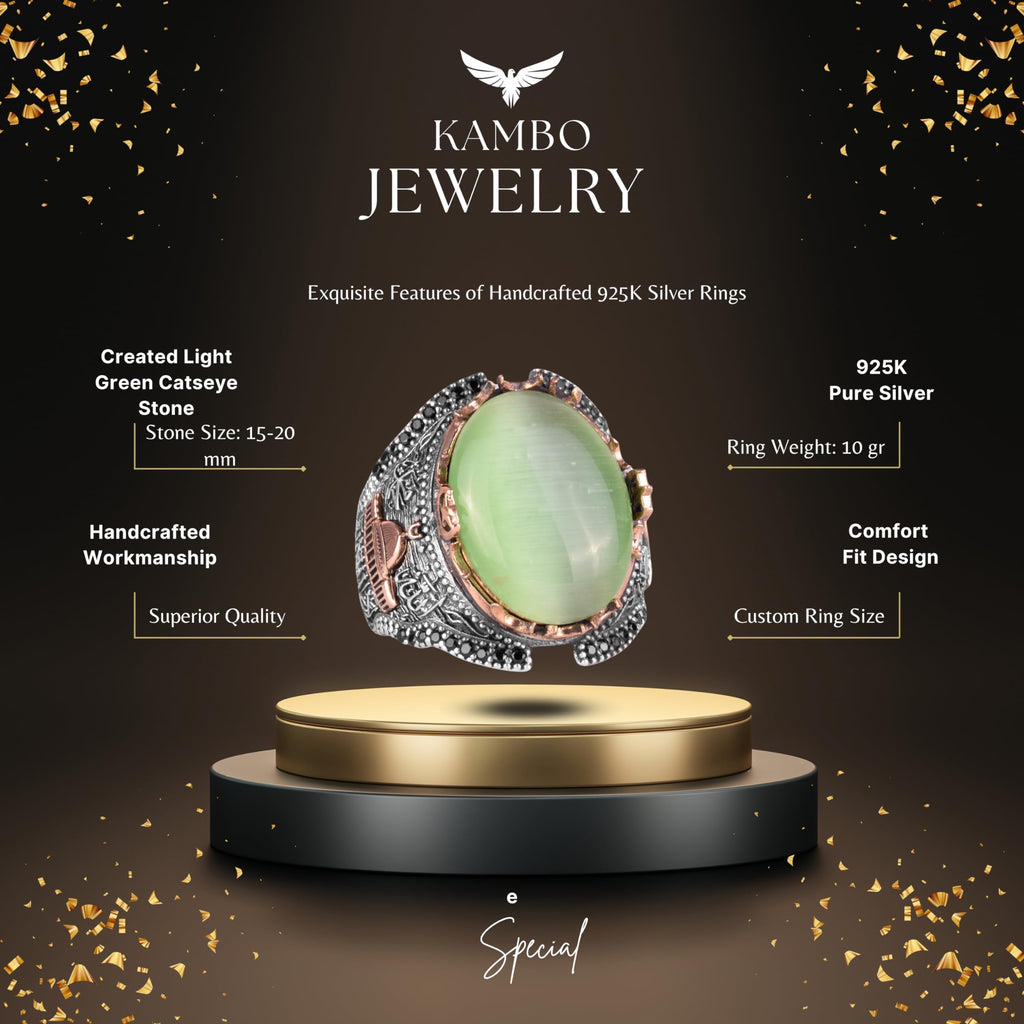 Light Green Cat's Eye Synthetic Stone Ring, Kaaba Silver Ring, 925 Sterling Silver Synthetic Stone Ring — 2