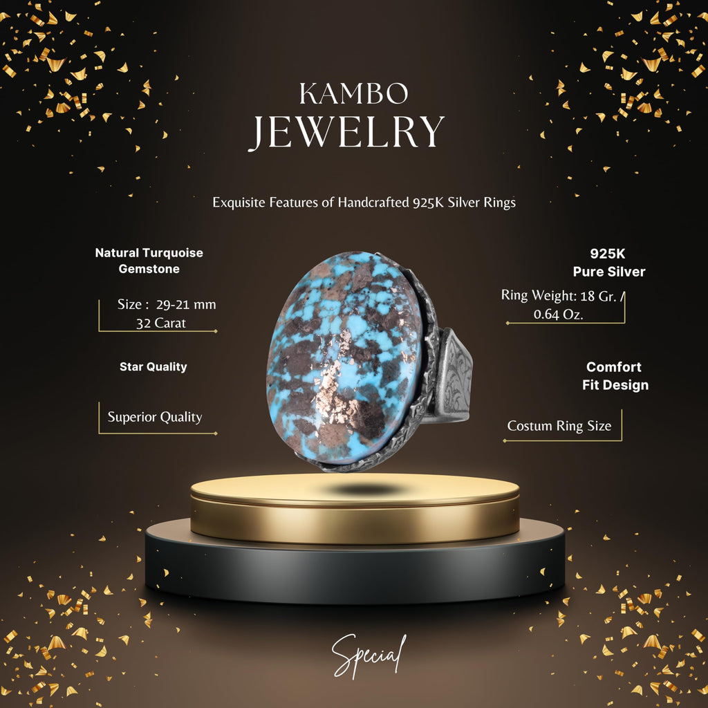 KAMBO 925 Sterling Silver Natural Turquoise Stone Large Men's Ring – Handmade Spiritual Healing Jewelry (Style-5) — 2
