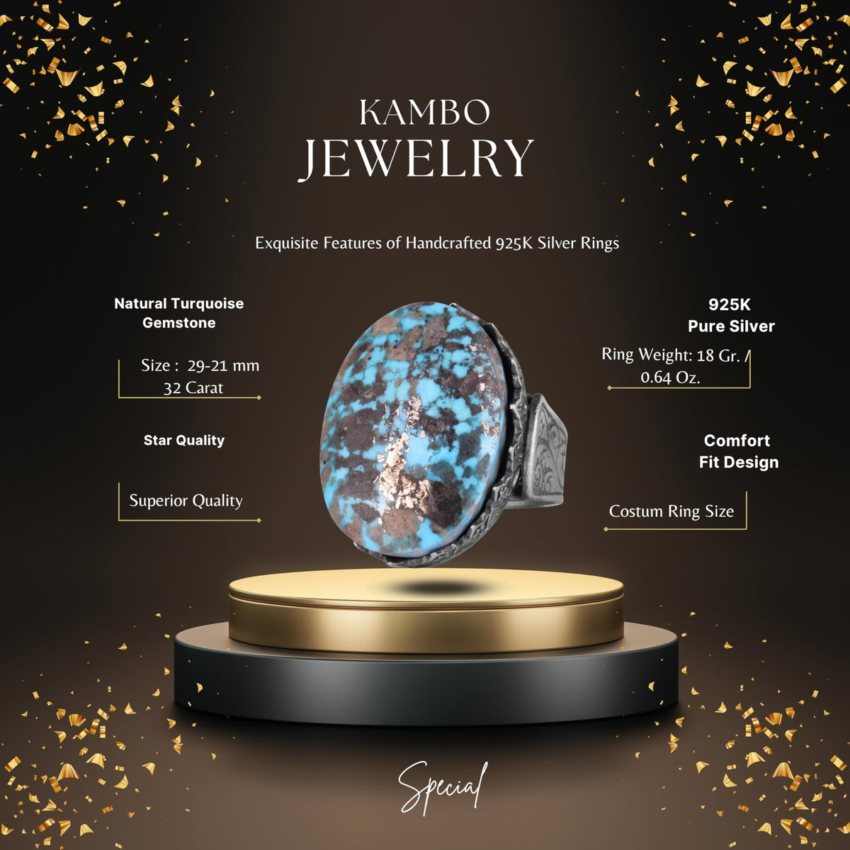 KAMBO 925 Sterling Silver Natural Turquoise Stone Large Men's Ring – Handmade Spiritual Healing Jewelry (Style-5) — 2