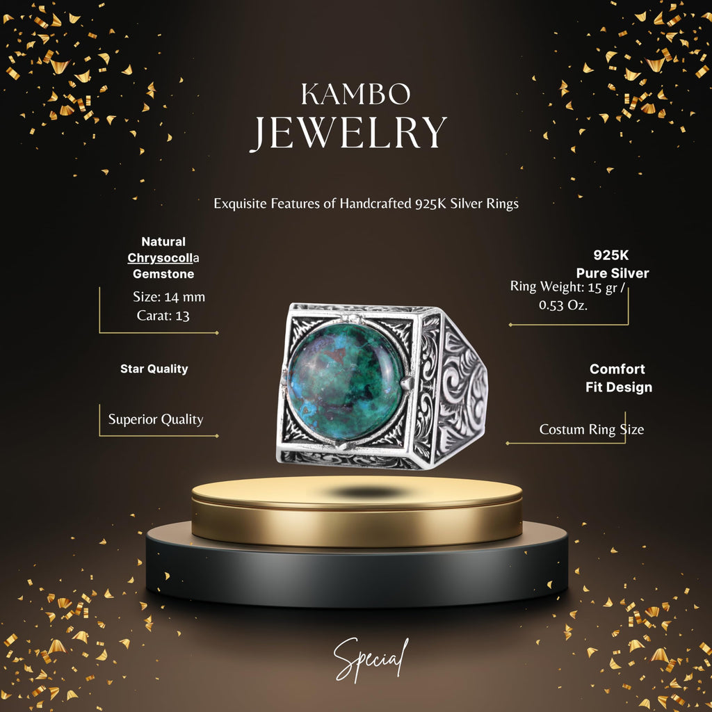 KAMBO Natural Round Stone Square Men's Ring 925 Sterling Silver – Ottoman Pattern Handmade Stone Ring (Chrysocolla) — 2