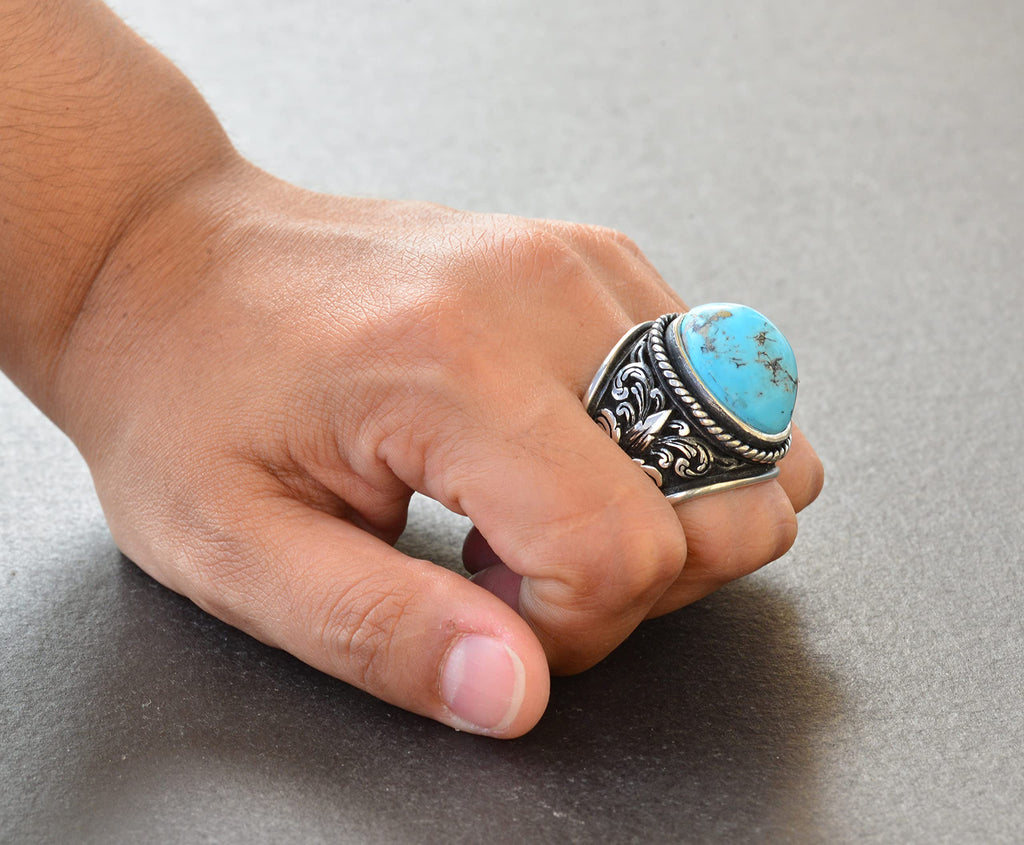 Natural Arizona Turquoise Stone Ring, Men's Ring, Silver Ring green — 7