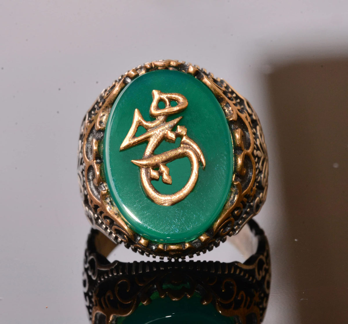 925 Sterling Silver Ring - Symbols Ring - Green Woodstone Ring — 2
