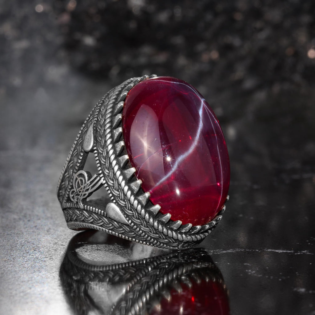 KAMBO Natural Star Ruby Stone Ring for Men 925 Sterling Silver Ottoman Tugra Handmade Statement Ring Asterism Ruby — 6