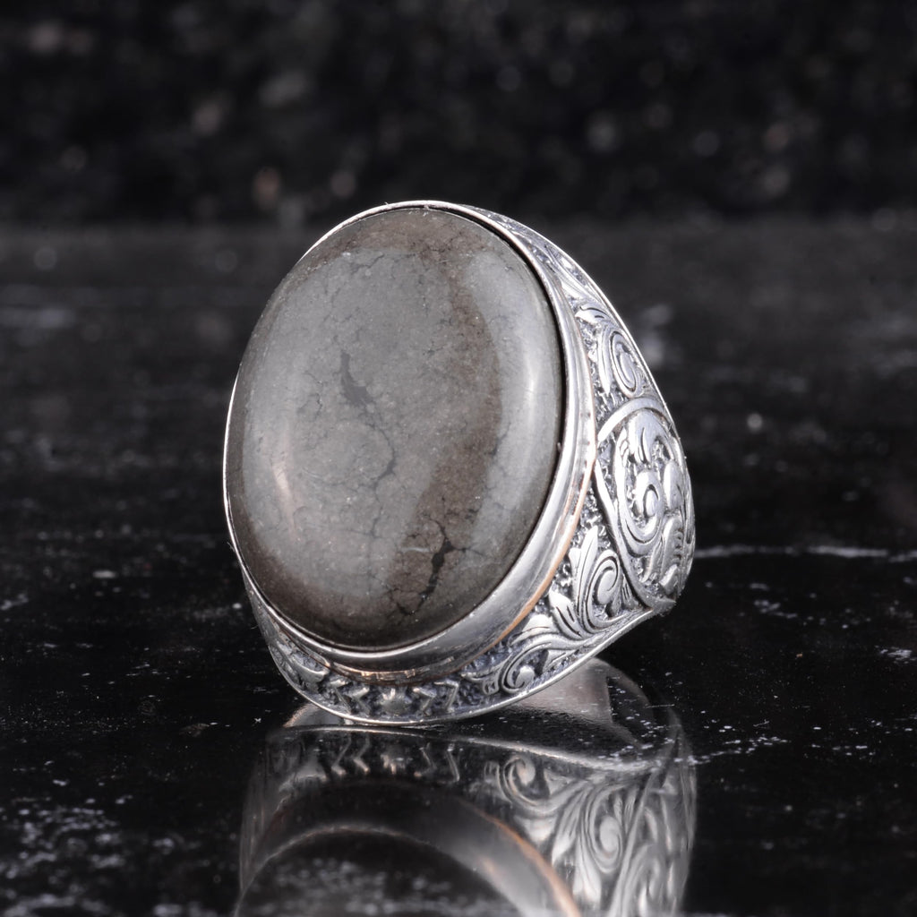KAMBO Men's Natural Stone Large Ring - Oval Stone Vintage Flower Engraved Statement Ring - 925 Sterling Silver Handmade Men's Jewelry — 3