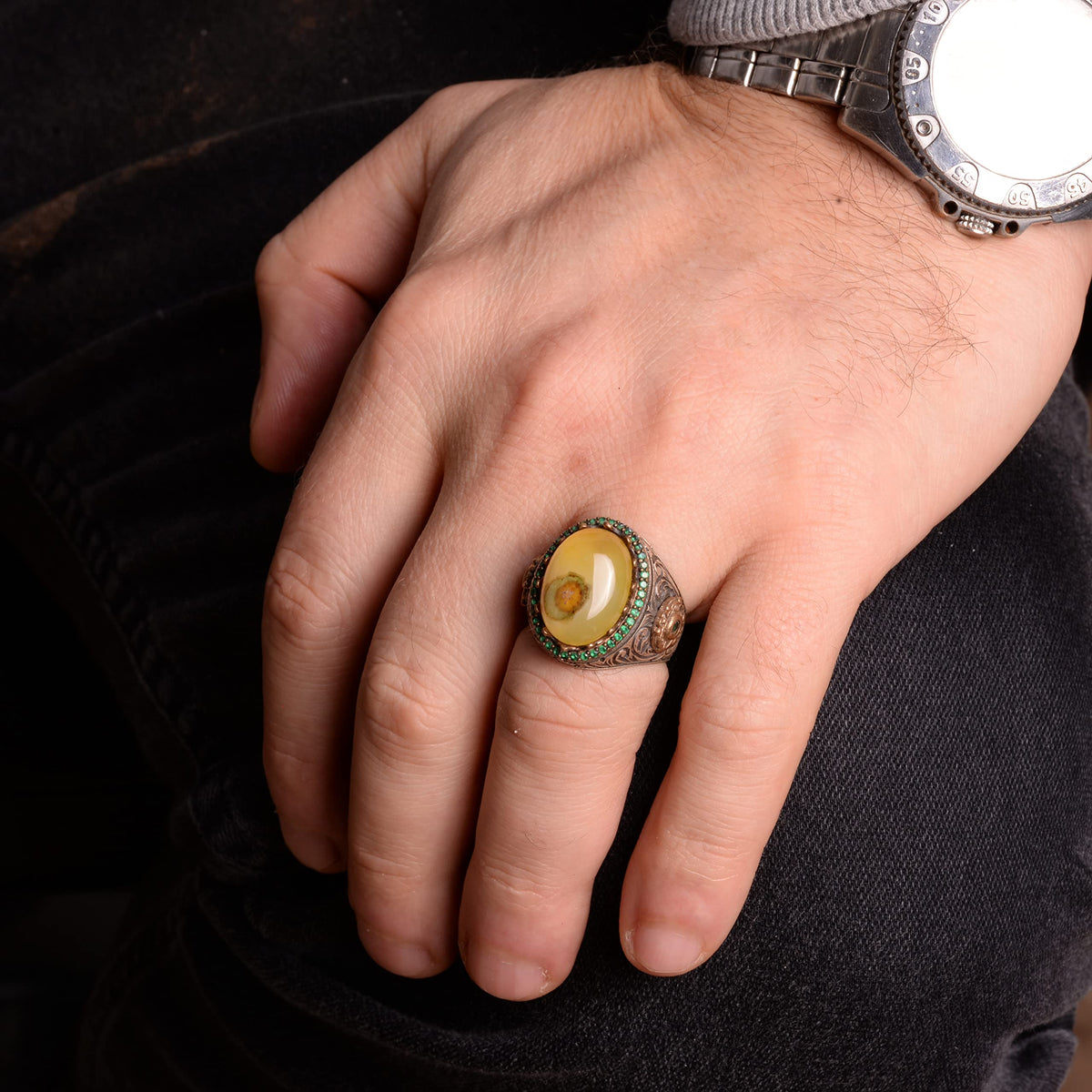 Natural Agate Stone Men's Ring, Sultan Ring, 925 Sterling Silver Ring — 3