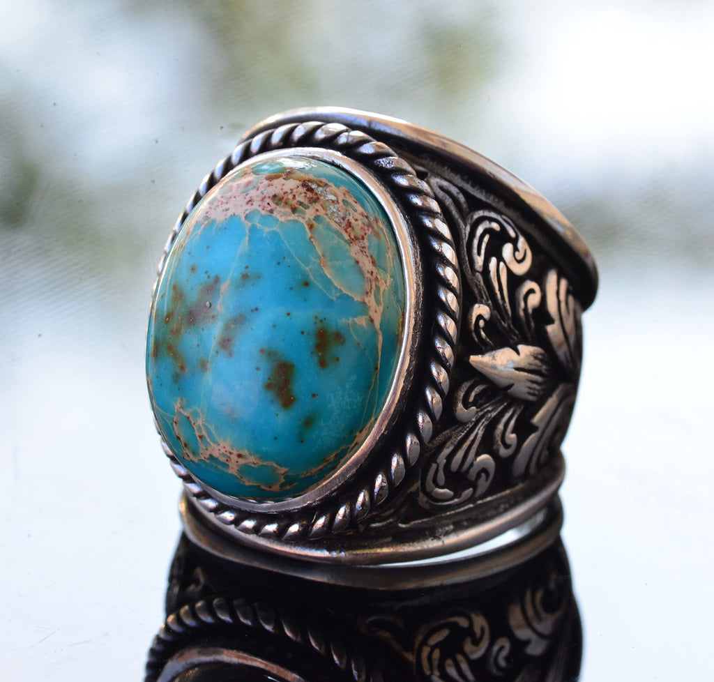 Natural Blue Jasper Stone Large Lily Pattern Silver Men's Ring — 3