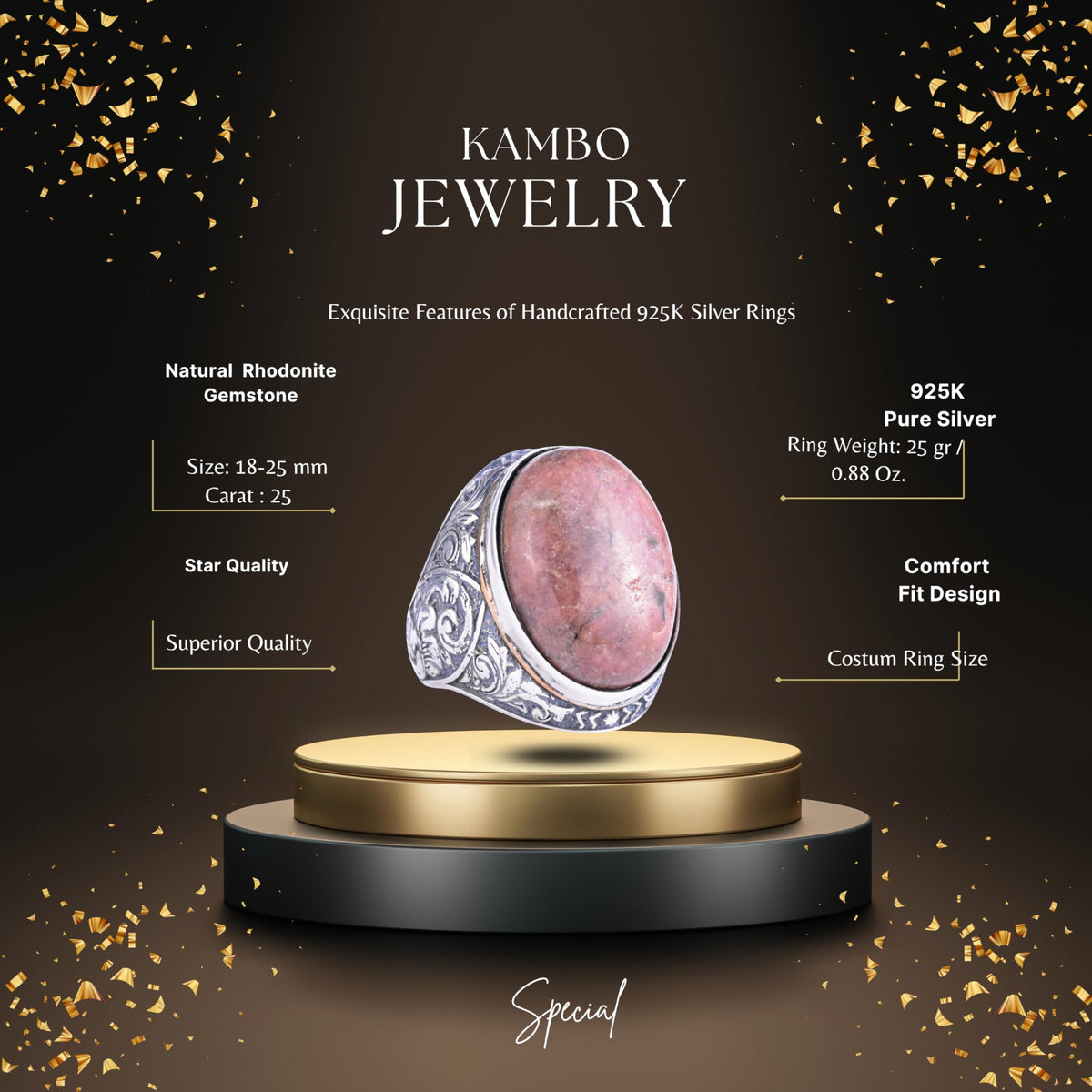 KAMBO Natural Rhodonite Stone Large Men's Ring - Oval Stone Vintage Floral Engraved Statement Ring - 925 Sterling Silver Handmade Men's Jewelry — 2