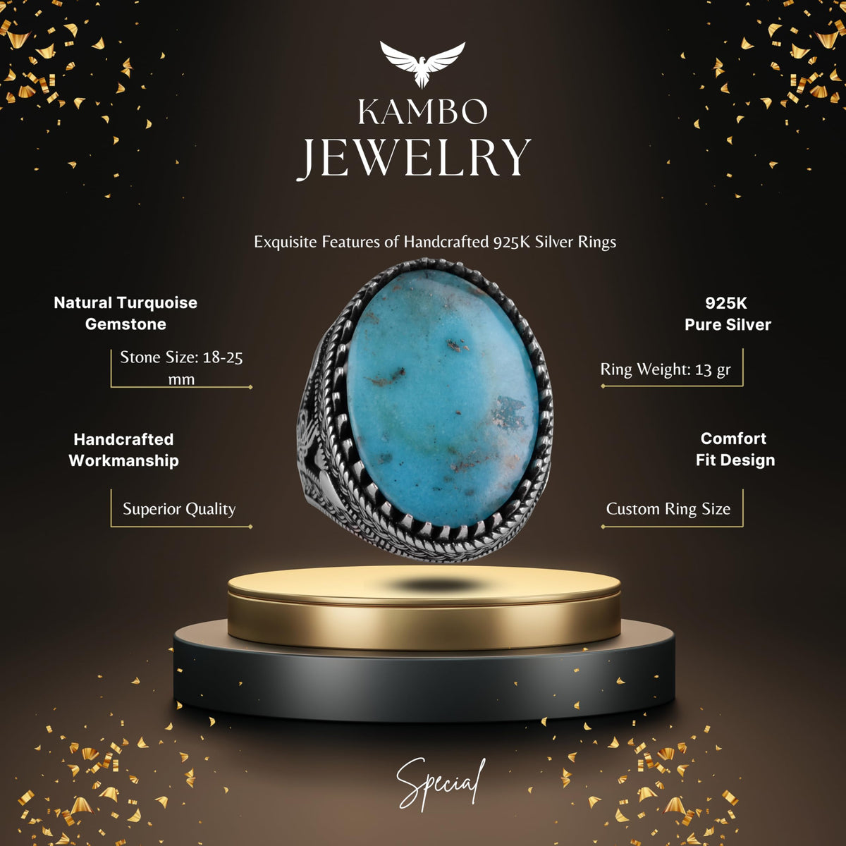 KAMBO Ottoman Tugra Design Natural Turquoise Stone Ring - 925 Sterling Silver Handmade Men's Ring (Style-5) — 2