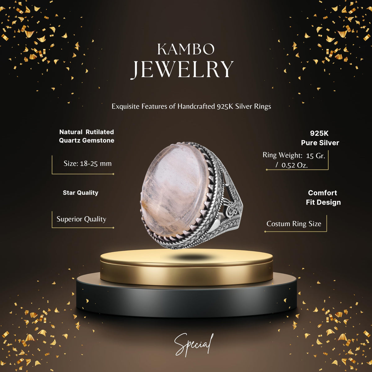 KAMBO Men's Natural Stone Ring – 925 Sterling Silver Large Statement Ring – Handmade Ottoman Pattern Jewelry (Rutilated Quartz-2) — 2