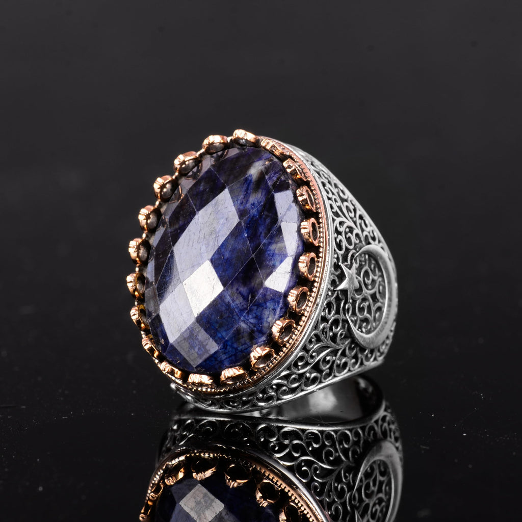 KAMBO 925 Sterling Silver Men's Natural Stone Ring - Moon and Star Design - Handmade Vintage Jewelry (Sapphire) — 6
