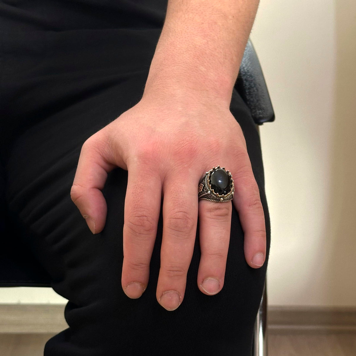 Natural Onyx Stone Ring - 925 Sterling Silver Men's Ring (Model-2) — 3
