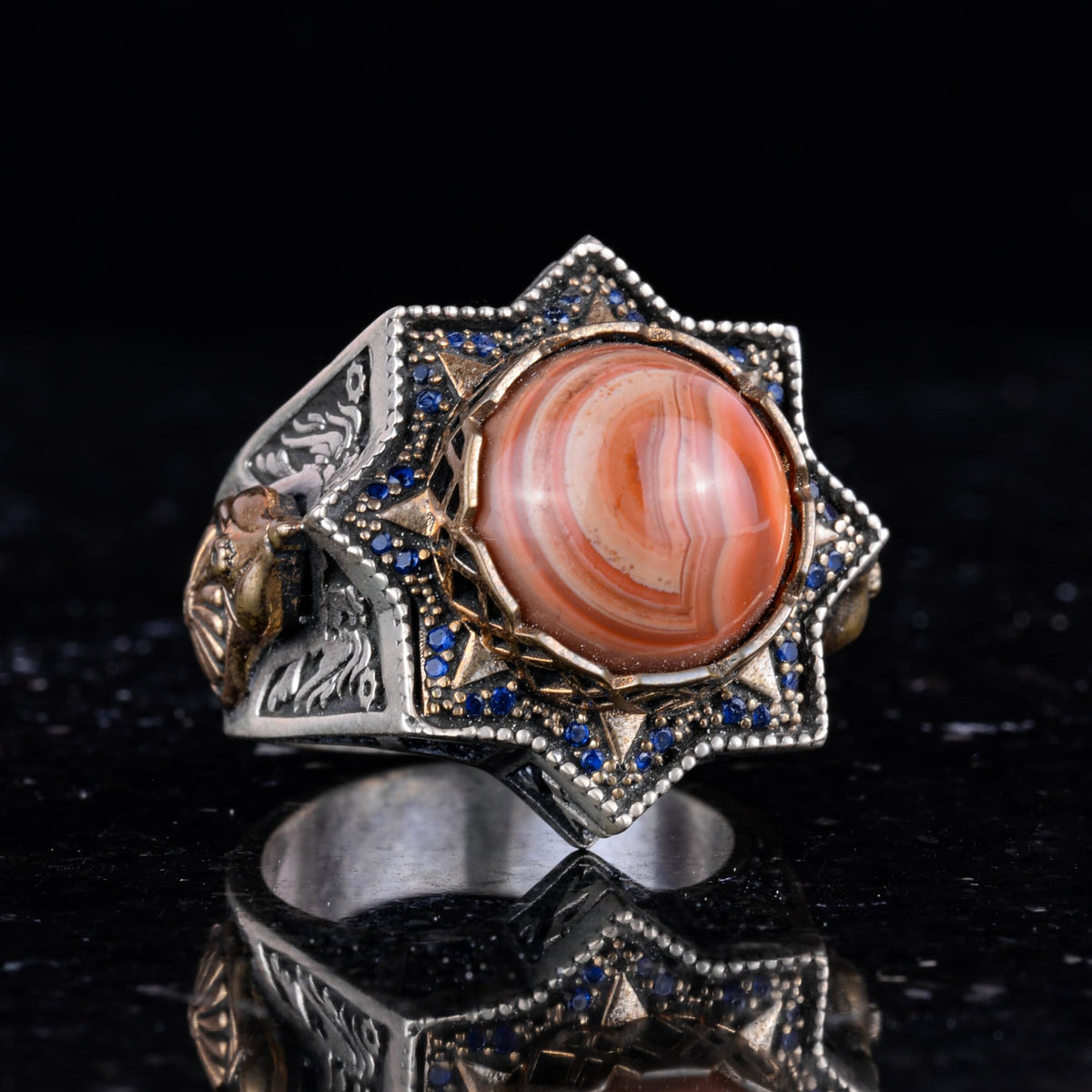 Silver Agate Stone Ring, Natural Red Agate Men's Ring, Vintage Star Design — 3