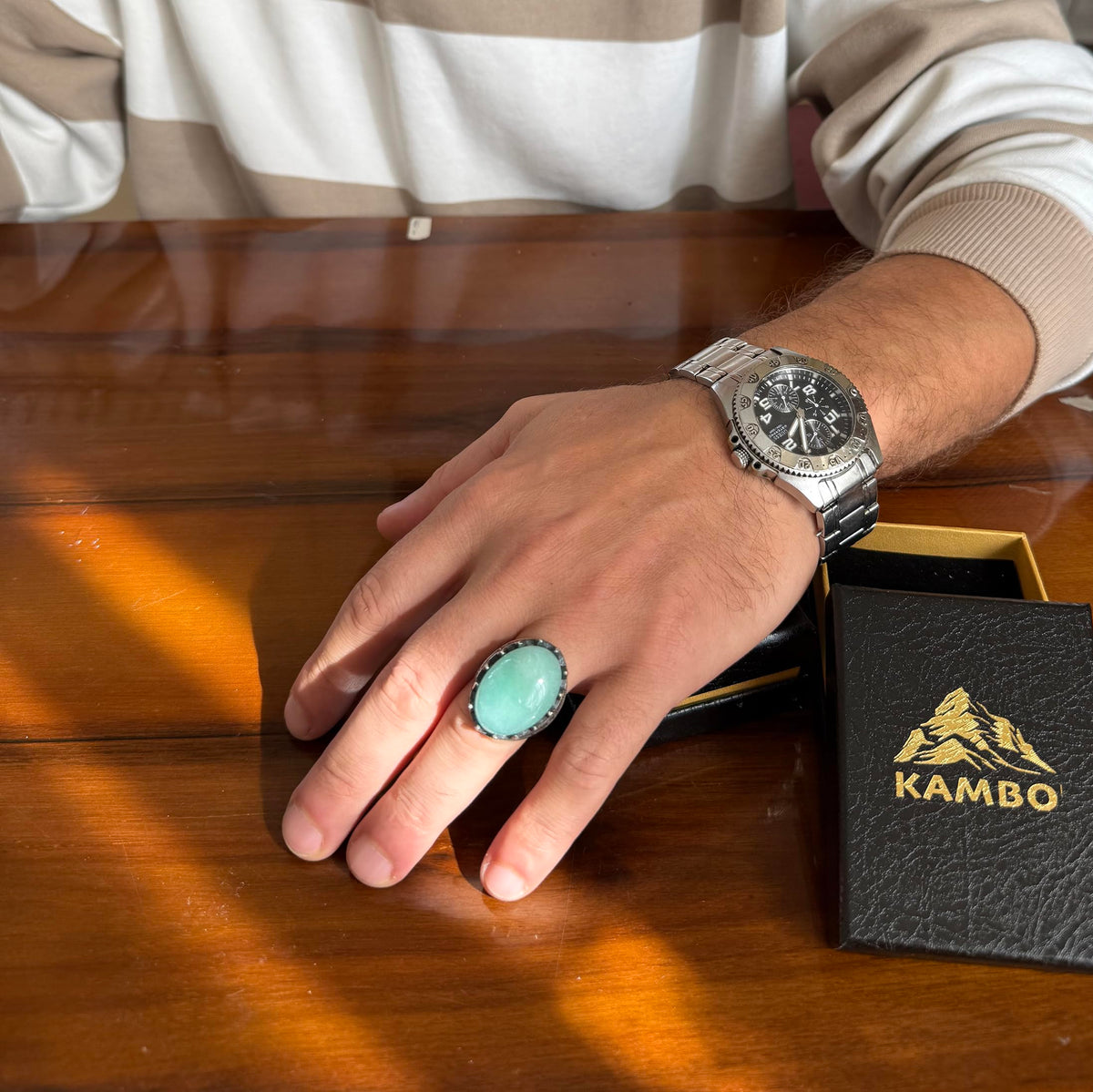 KAMBO Natural Stone Men's Large Ring – 925 Sterling Silver Ottoman Sword Motif Signet Ring (Chalcedony) — 3