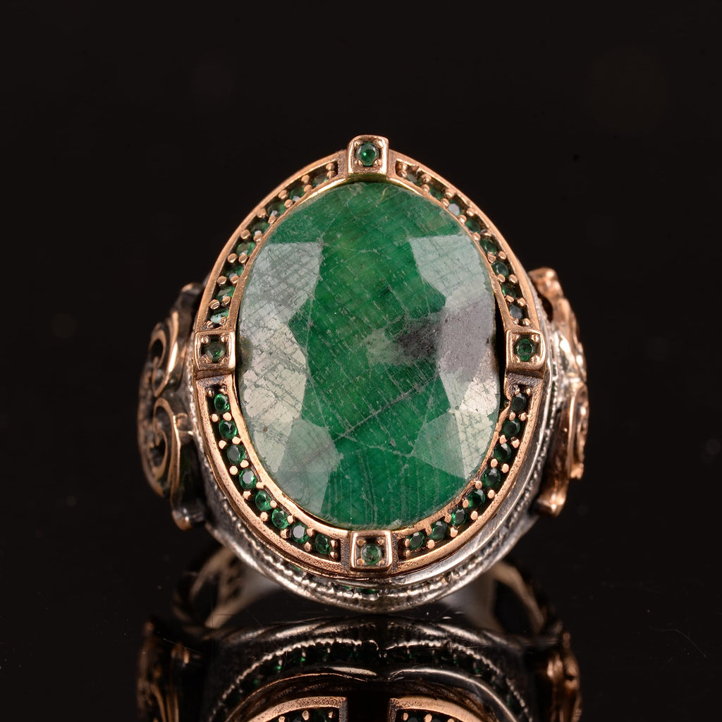 Emerald Stone Ring - 925 Sterling Silver Men's Ring — 6