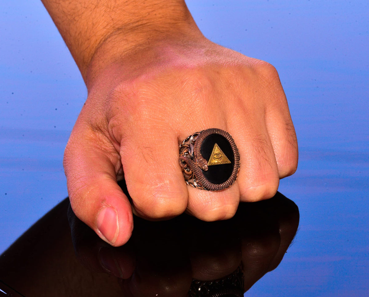 925 Sterling Silver Men's Ring - Snake Design - Seal Ring (Pyramid Eye) — 7