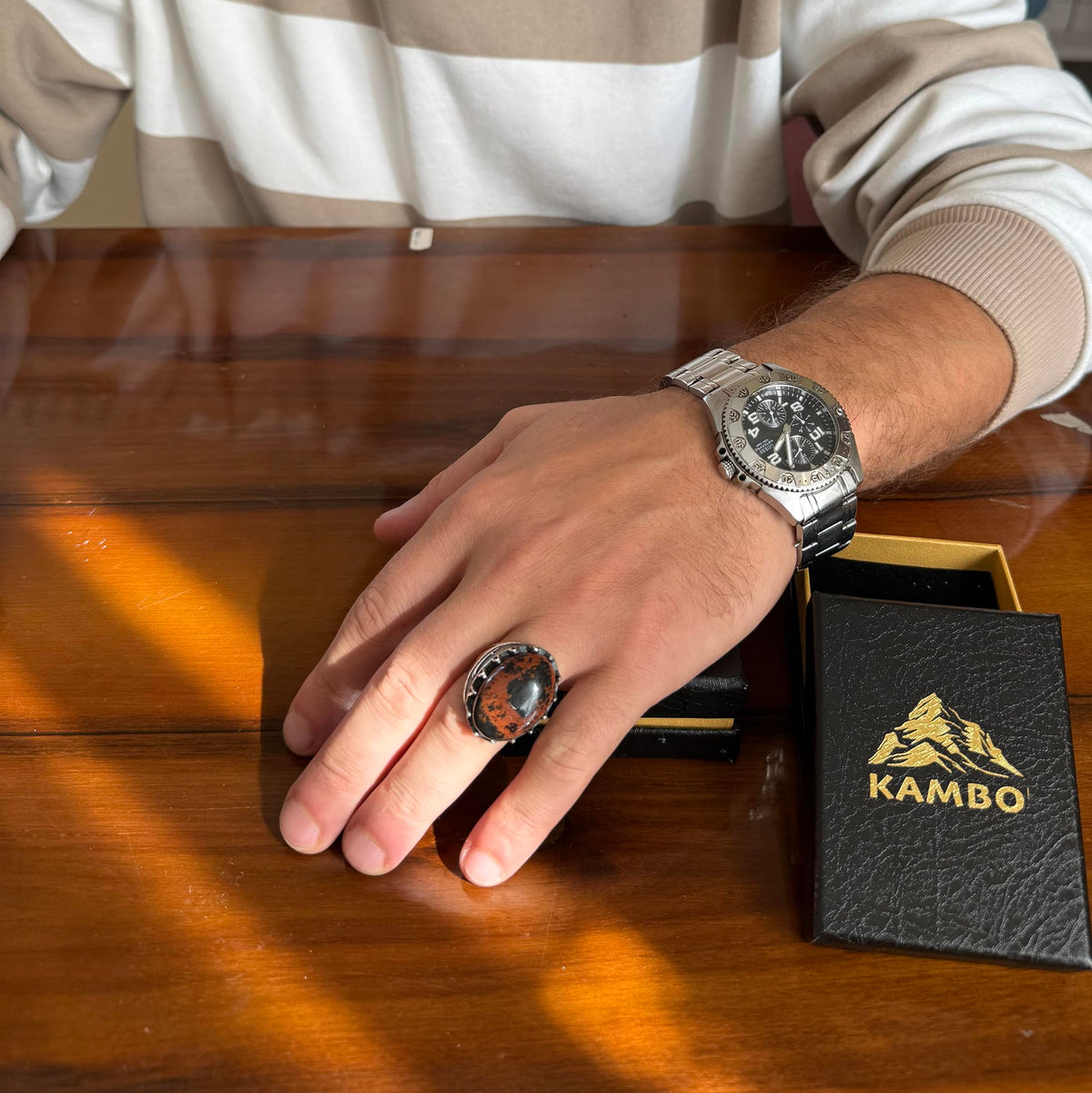 KAMBO Natural Stone Men's Large Ring – 925 Sterling Silver Ottoman Sword Motif Signet Ring (Obsidian) — 3