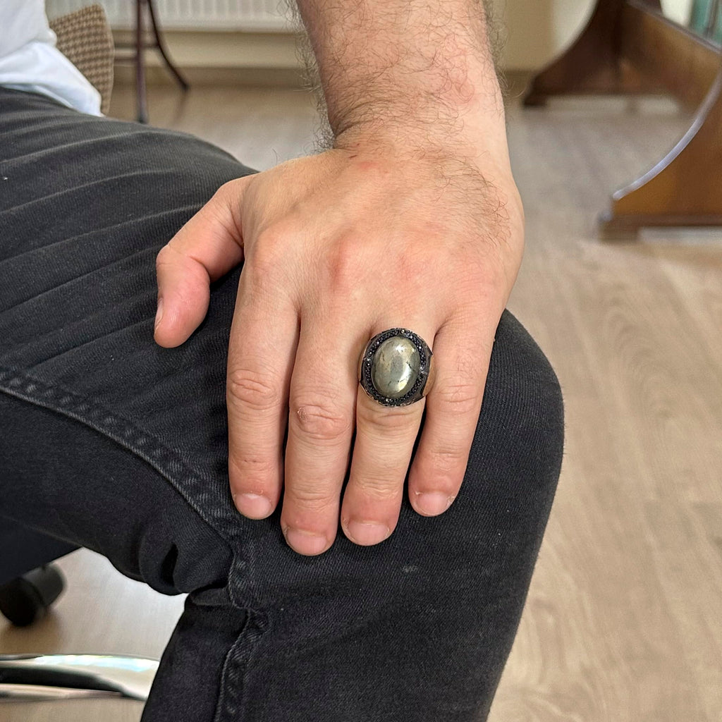 Natural Pyrite Stone Ring - 925 Sterling Silver Men's Ring — 3