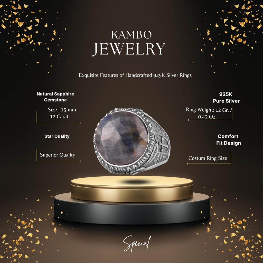 KAMBO Natural Stone Men's Ring – 925 Sterling Silver Cross Symbol Round Ottoman Style Ring (Sapphire) — 2