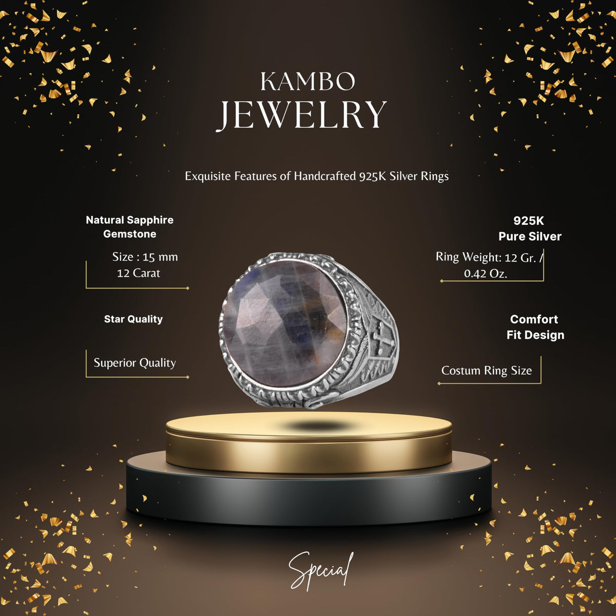 KAMBO Natural Stone Men's Ring – 925 Sterling Silver Cross Symbol Round Ottoman Style Ring (Sapphire) — 2