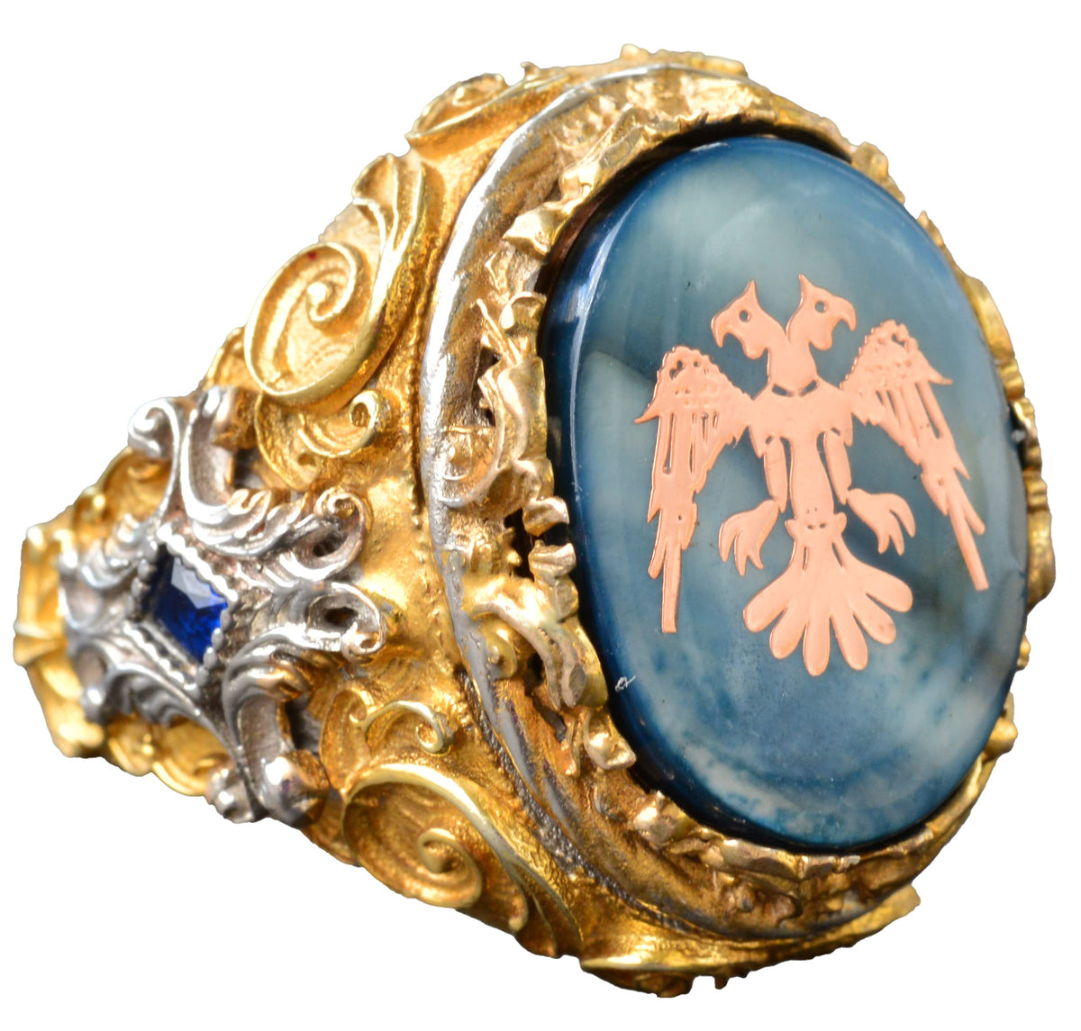 Men's Silver Two Headed Eagle Ring - Albanian Eagle Design, Gold Plated