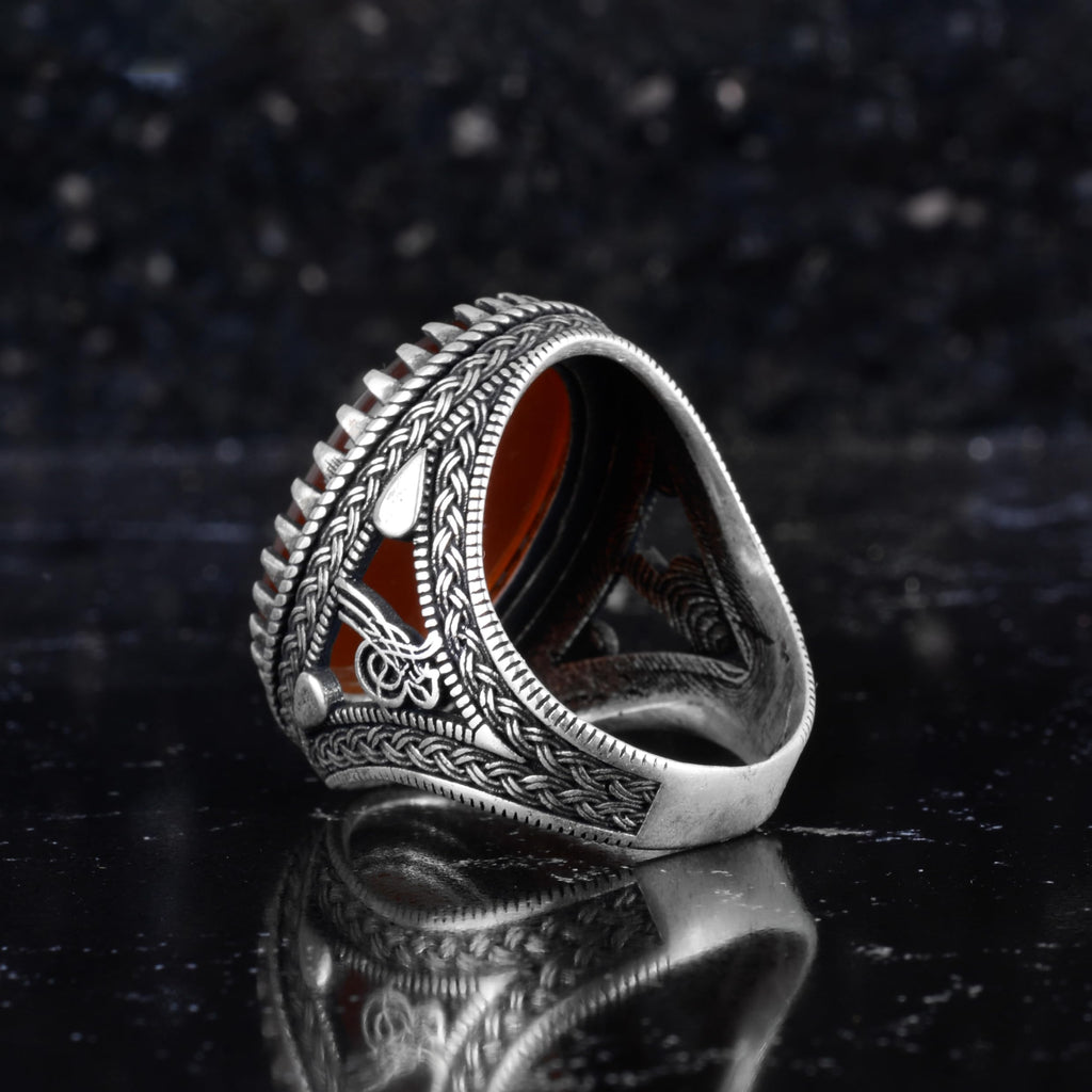 KAMBO Natural Agate Engraved Ottoman Tugra Style Seal Ring 925 Sterling Silver Large Men's Ring Oval Red Stone Handmade Vintage Design (Allah/Muhammed) — 7