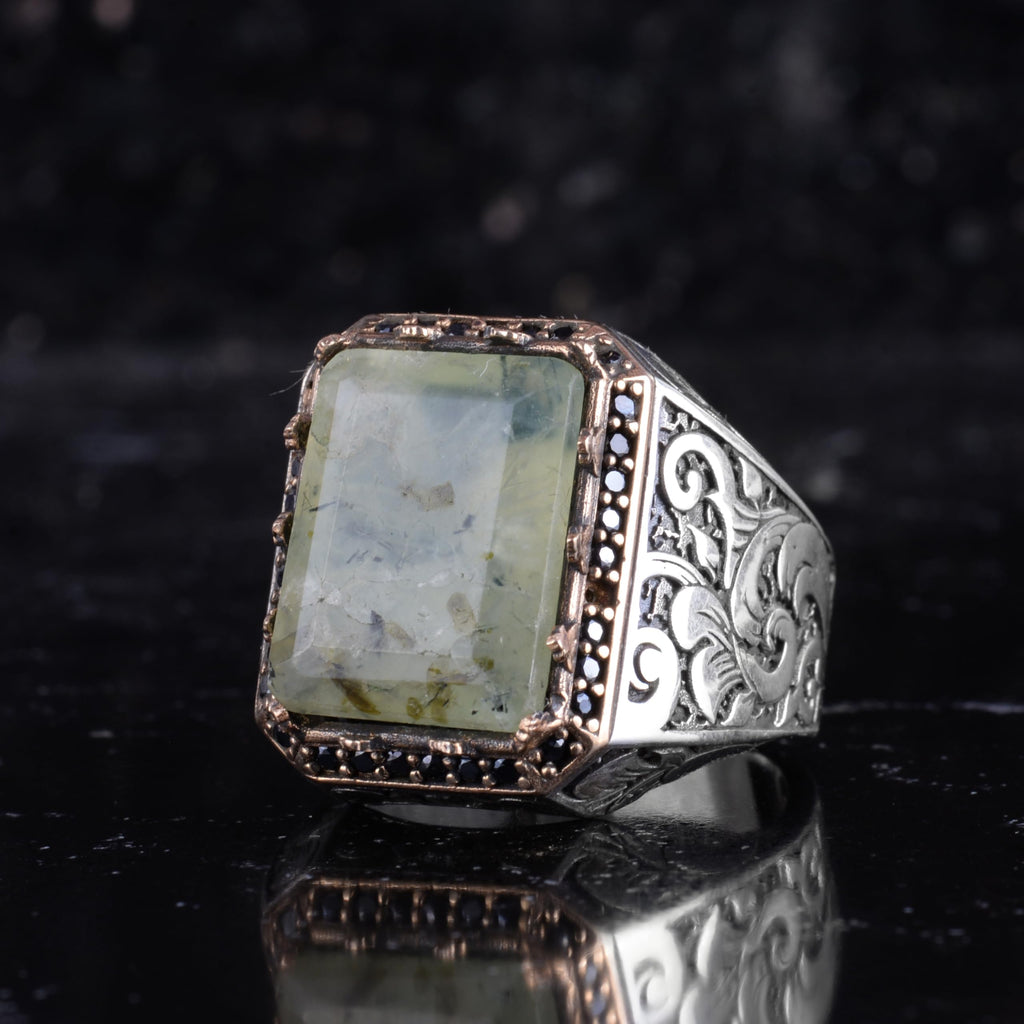 KAMBO Natural Stone Ring for Men 925 Sterling Silver - Rectangular Statement Ring Handmade Jewelry (Prehnite) — 5