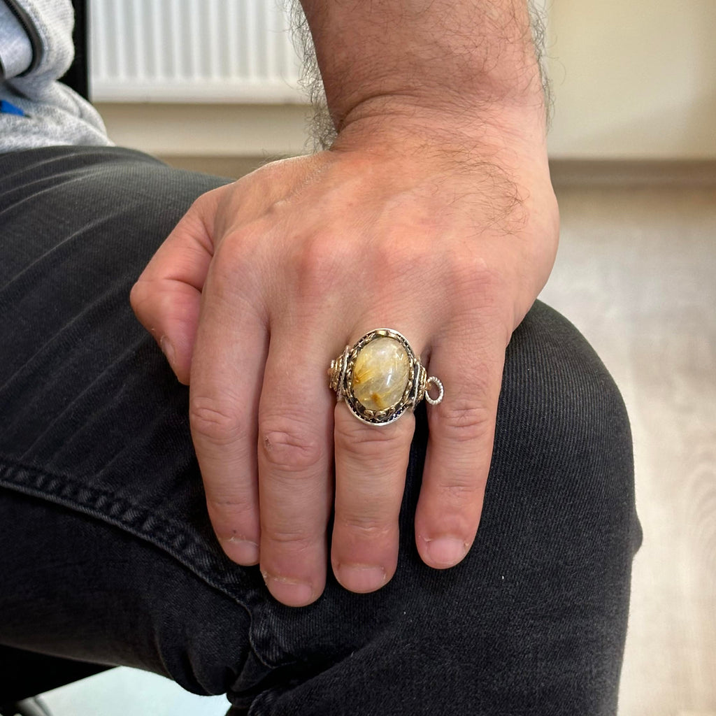 Natural Cabochon Gold Rutile Quartz Stone Ring - 925 Sterling Silver Men's Ring — 3