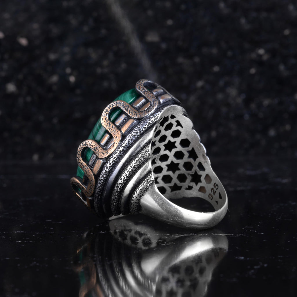 KAMBO Natural Malachite Stone Large Men's Ring – Green Band Malachite Oval Stone – 925 Sterling Silver Handmade Statement Ring – Vintage Ottoman Style Men's Jewelry — 7