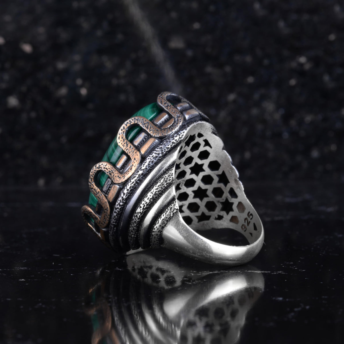 KAMBO Natural Malachite Stone Large Men's Ring – Green Band Malachite Oval Stone – 925 Sterling Silver Handmade Statement Ring – Vintage Ottoman Style Men's Jewelry — 7