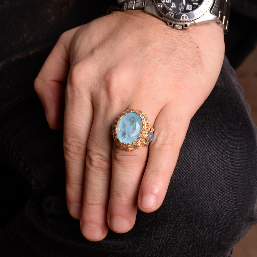 925 Sterling Silver Ring, Artificial Paraiba Stone Men's Silver Ring — 3