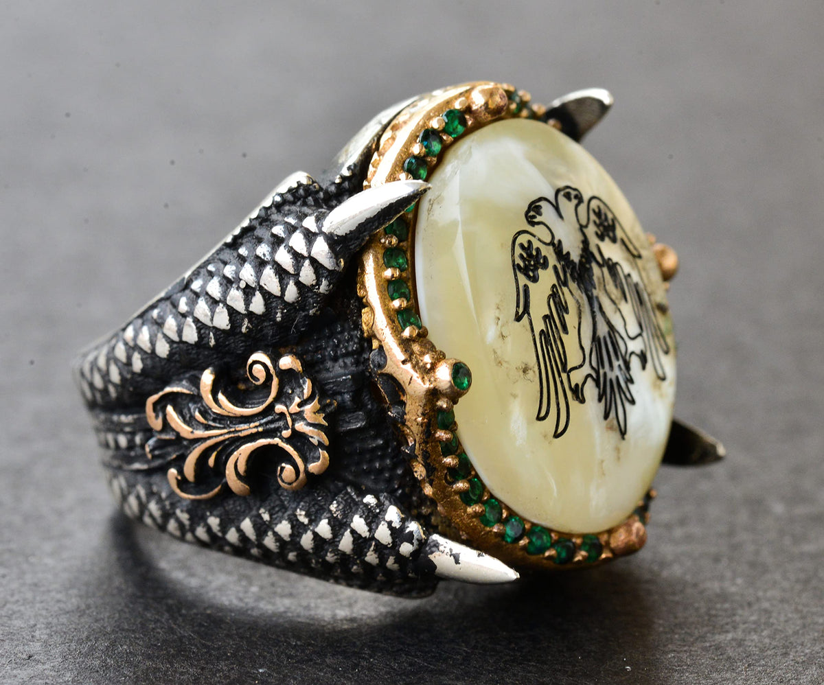 Silver Double-Headed Eagle Ring - Green Stones and Pearl — 4