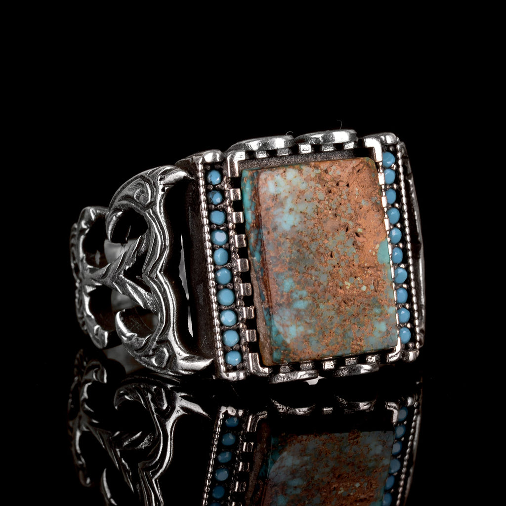 KAMBO Handmade Men's Sterling Silver Ring with Genuine Natural Arizona Turquoise Gemstone - Vintage Style-6 Statement Ri