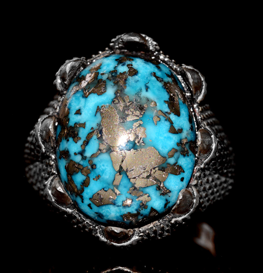 Silver Men's Ring - Arizona Turquoise Natural Stone - Hawk Claw Design (Model-2) — 3