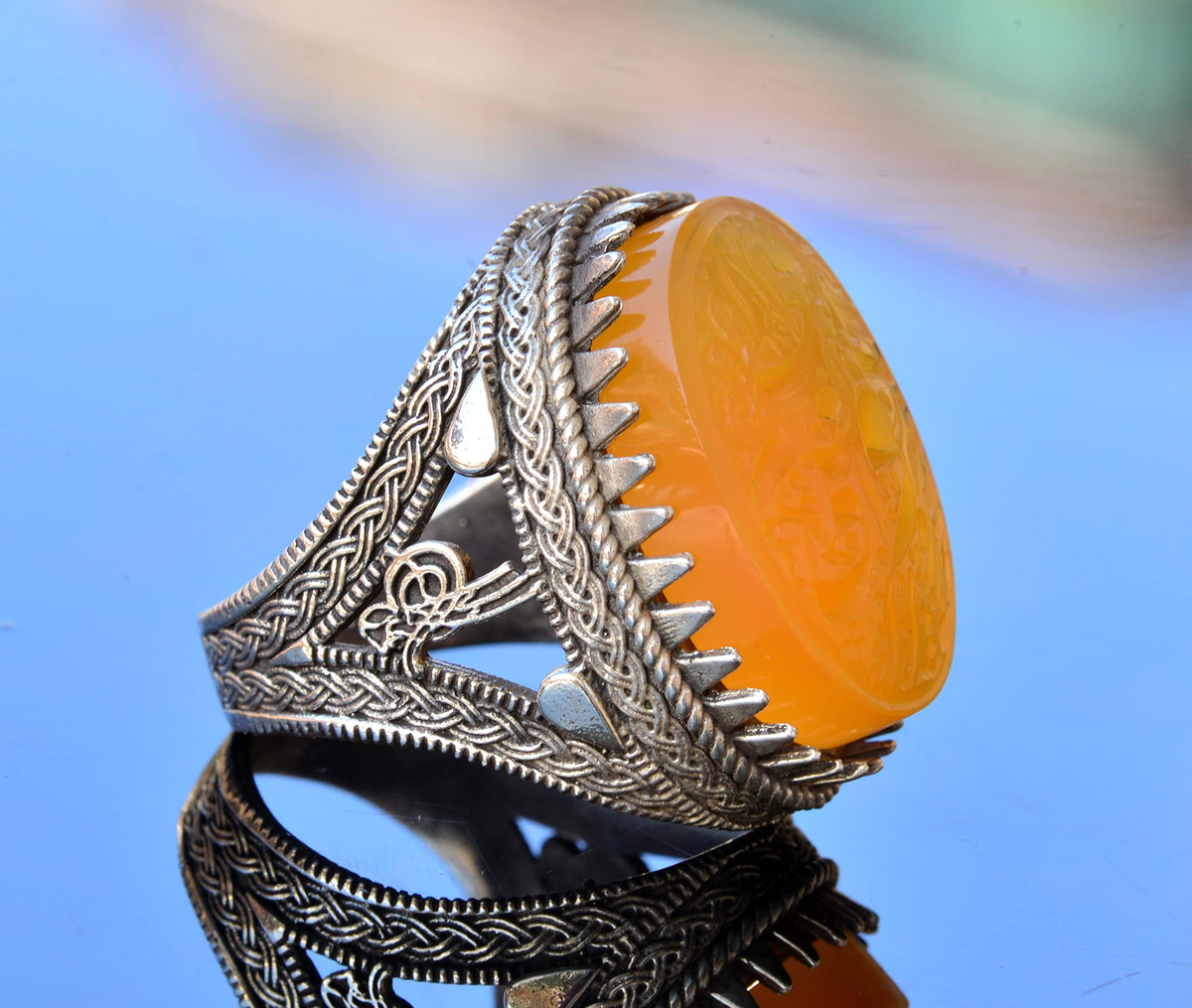 KAMBO Natural Yellow Agate Stone 925 Sterling Silver Ring, Above All and Determination Islamic Design, Large Muslim Ring — 4