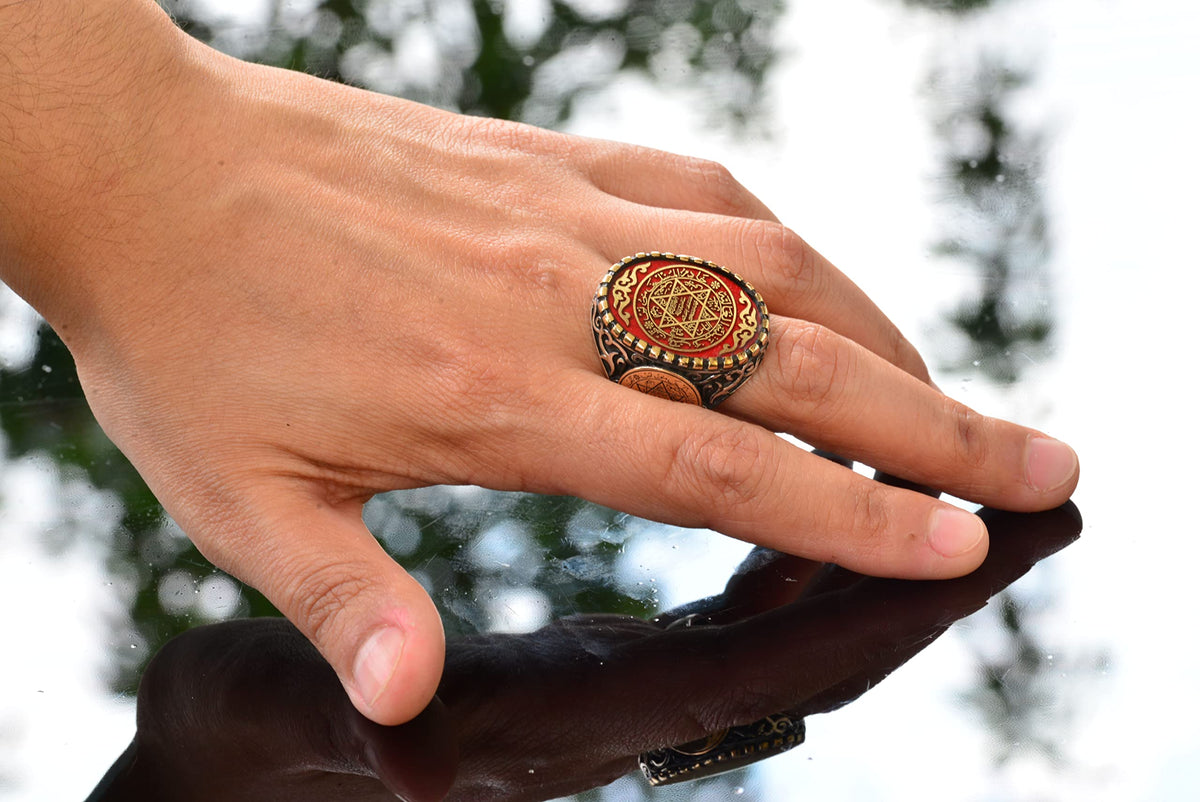 KAMBO Solomon Men's Ring Handmade 925 Sterling Silver Solid Silver Minimalist Arabic Design David of Star Motif Statemen