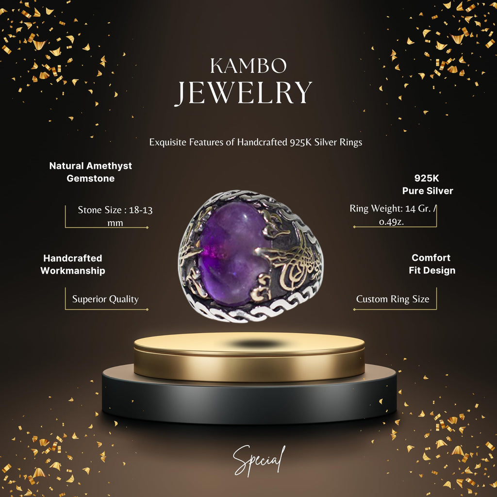 KAMBO 925 Sterling Silver Men's Ring with Natural Amethyst Stone, Handmade Ottoman Tughra Design, Vintage Statement Jewe