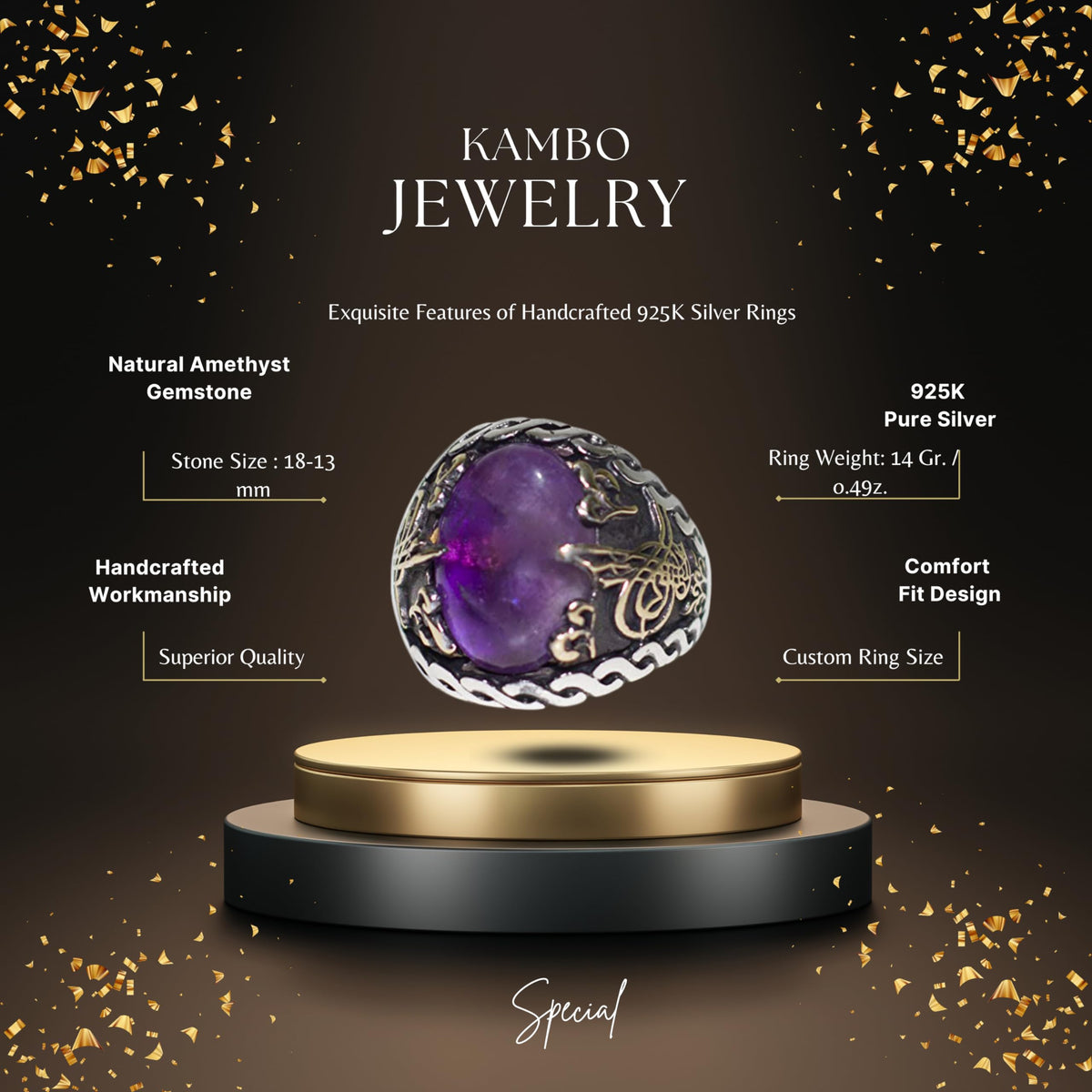KAMBO 925 Sterling Silver Men's Ring with Natural Amethyst Stone, Handmade Ottoman Tughra Design, Vintage Statement Jewe