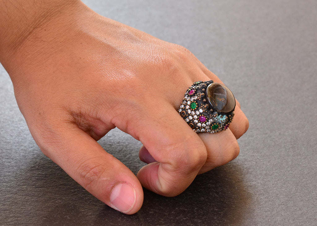Natural Star Sapphire Stone Silver Men's Ring, Sultan Ring — 7