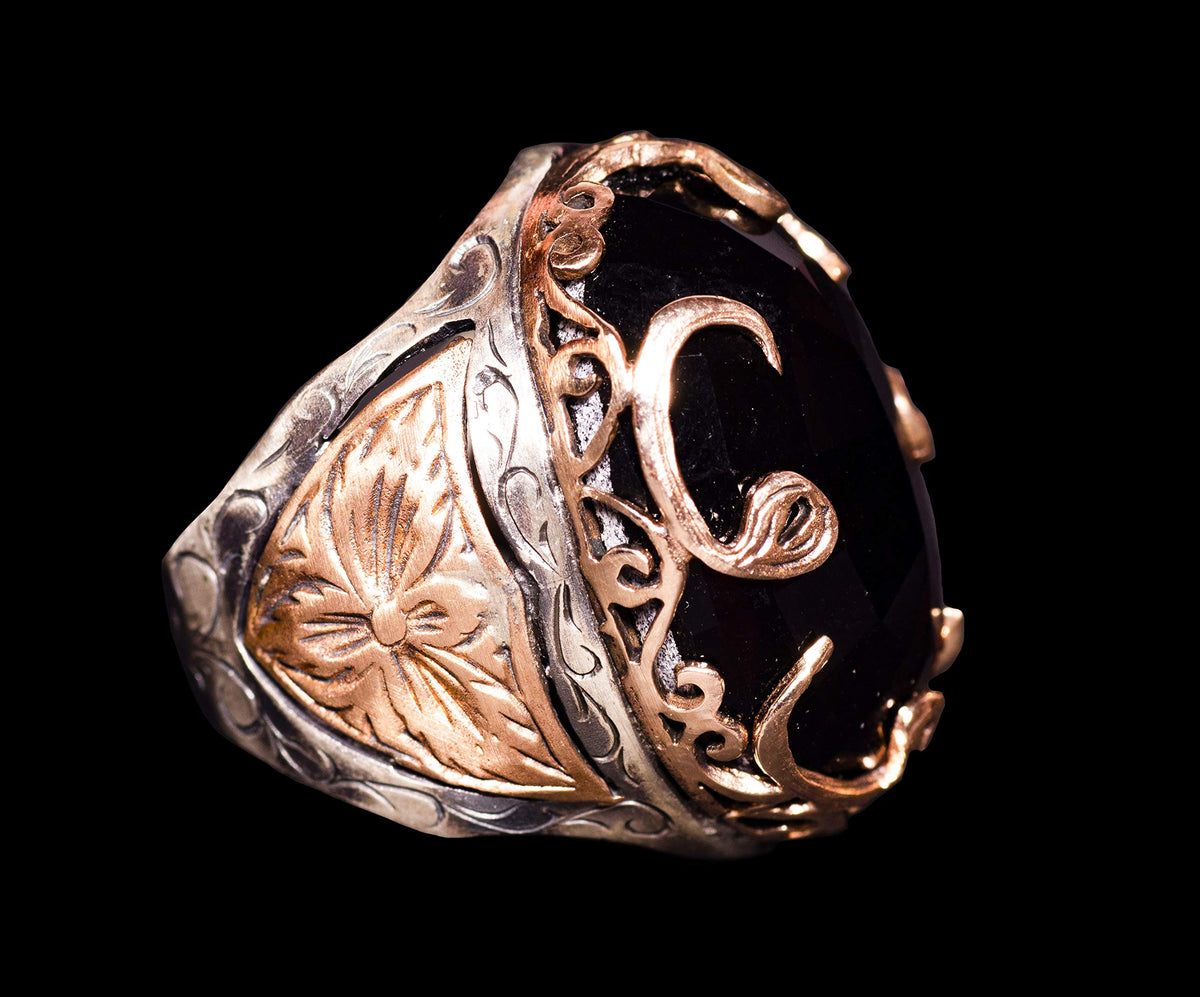 925 Sterling Silver Men's Ring - Artificial Amethyst Stone, Fine Gold Detail — 4