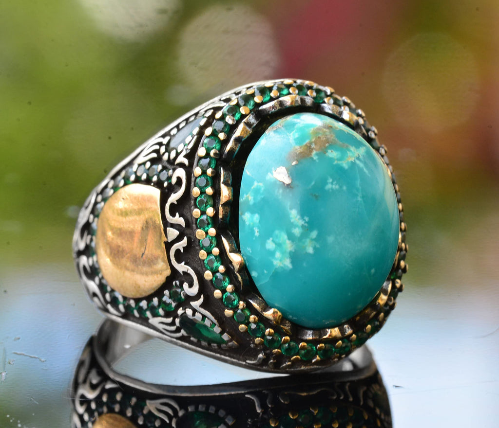 Natural Arizona Turquoise Stone Ring - Minimalist Men's Ring - 925 Sterling Silver — 5