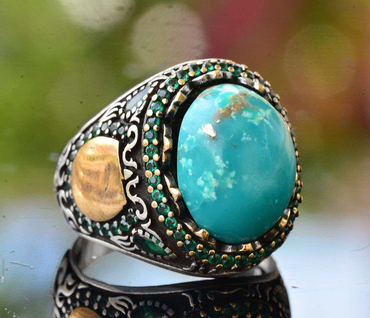 Natural Arizona Turquoise Stone Ring - Minimalist Men's Ring - 925 Sterling Silver — 5