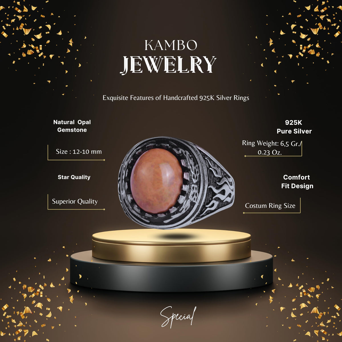 KAMBO Natural Opal 925 Sterling Silver Men's Ring – Fire-Inspired Side Design Handmade Statement Ring (Style-2) — 2
