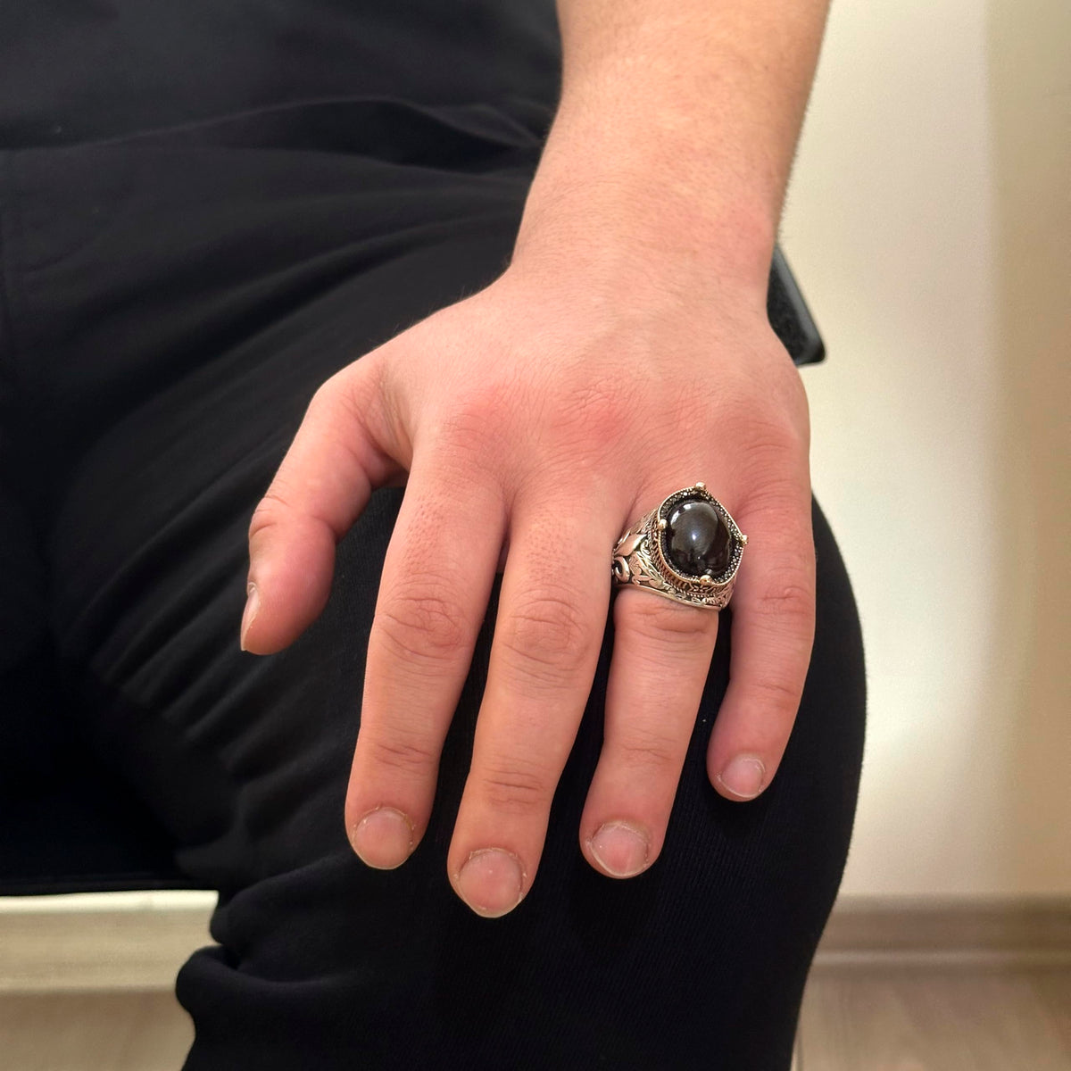 925 Sterling Silver Handmade Men's Ring - Available with Various Natural Stones (Garnet) — 3