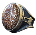 Handmade Walnut Carved Silver Stone Embroidered - Silver Men's Ring
