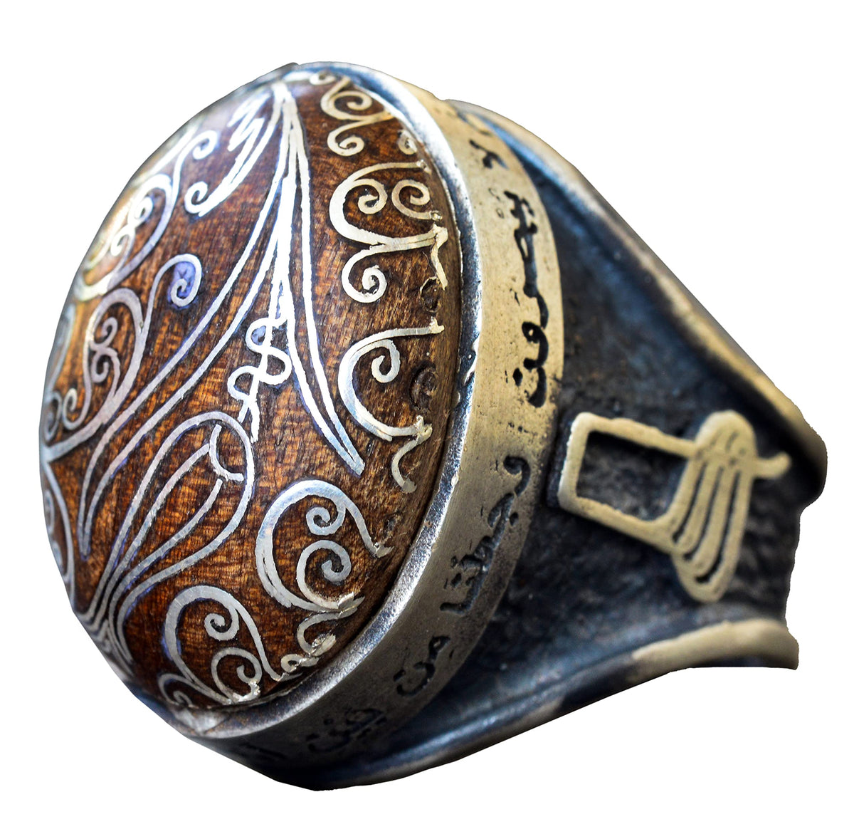 Handmade Walnut Carved Silver Stone Embroidered - Silver Men's Ring