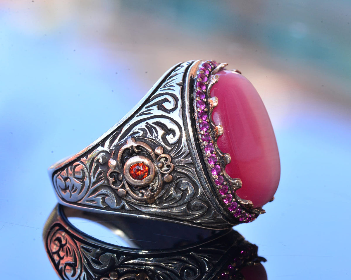 925 Sterling Silver Men's Ring - Pink Cat's Eye Stone King Ring - Handmade Men's Jewelry — 4