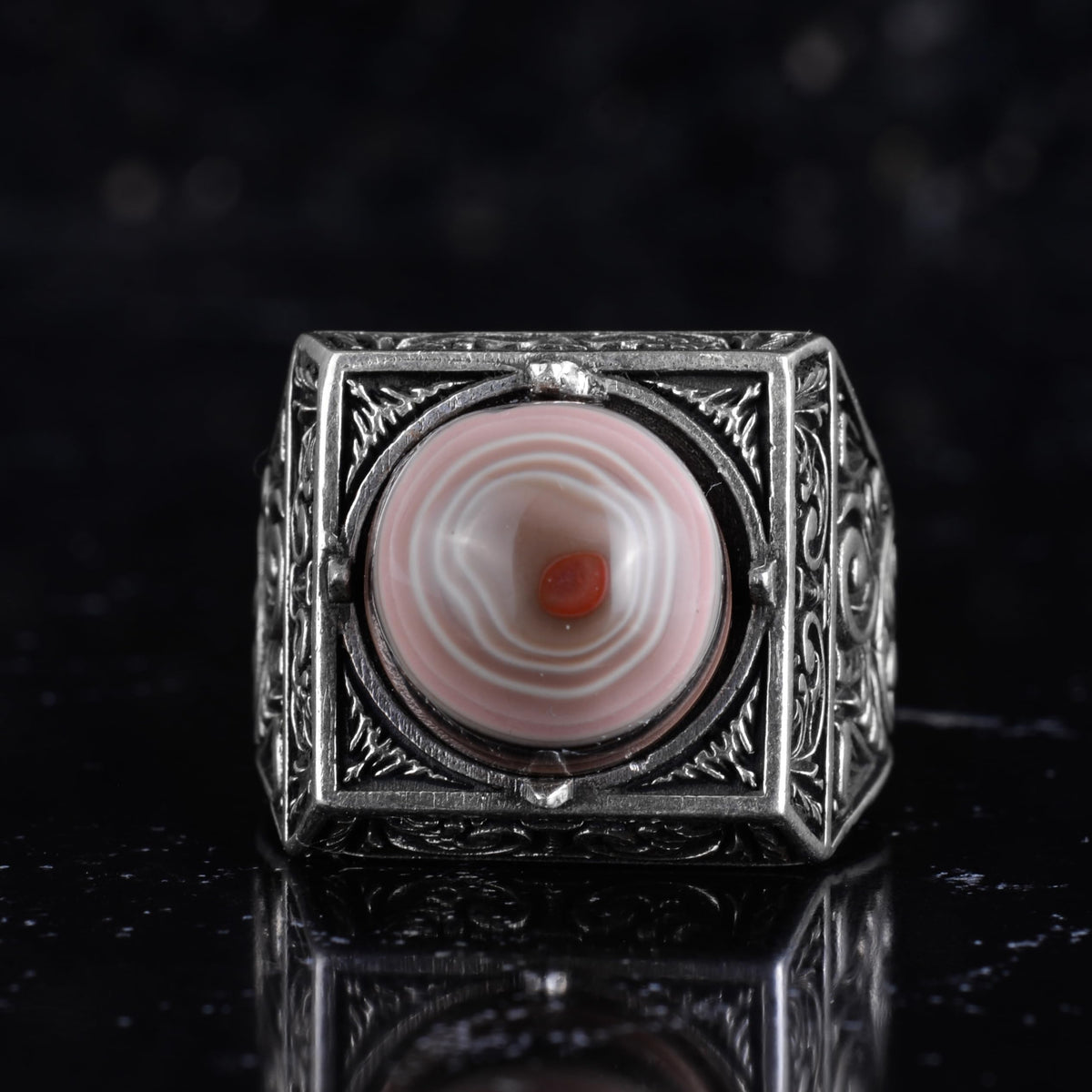 KAMBO Natural Round Stone Square Men's Ring 925 Sterling Silver – Ottoman Pattern Handmade Stone Ring (Yemen Agate) — 4