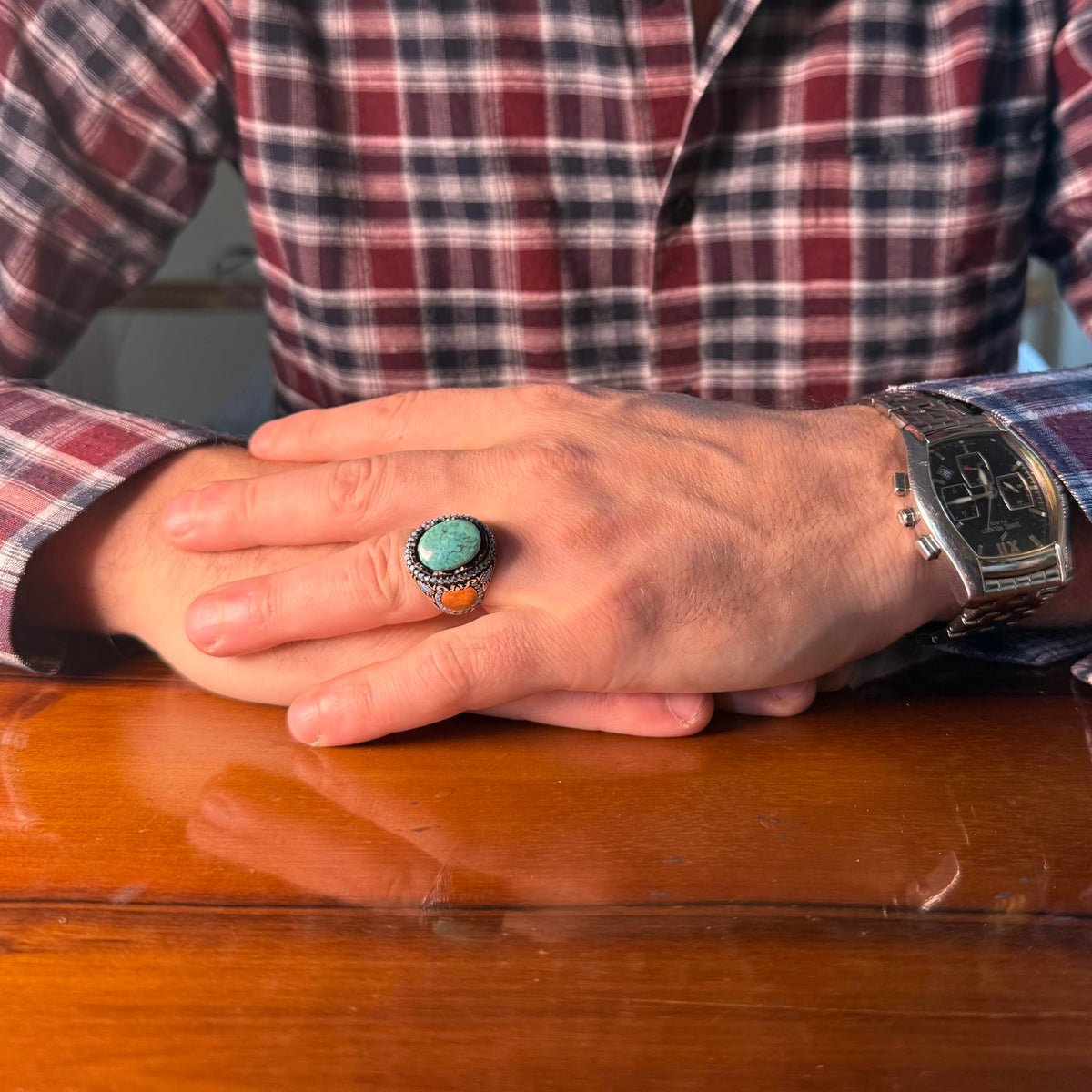 KAMBO Genuine Natural Arizona Turquoise Stone – 925 Sterling Silver Statement Ring – Handmade Men's Jewelry (Style-13) — 3